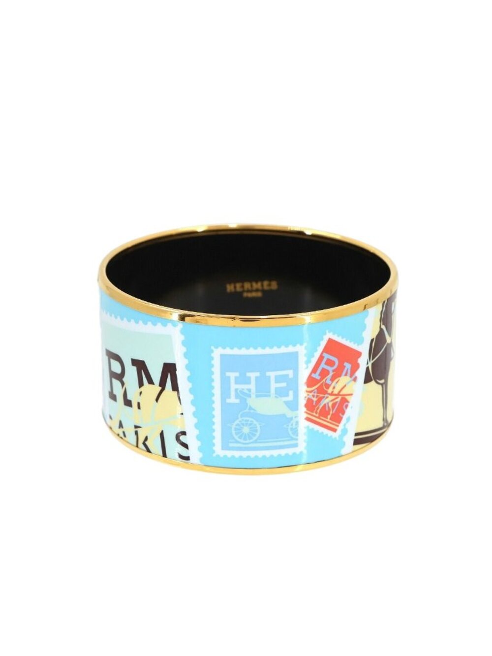 Hermes Enamel TGM Bangle Bracelet Light Blue Multicolor Gold Email TGM